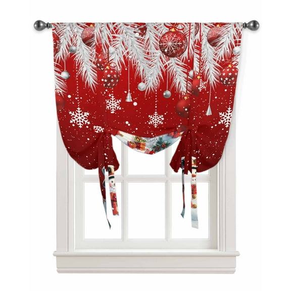 Red Christmas Tie Up Curtains for Window, Xmas Snowflake Balls Tree Thermal Insulted Balloon Shade Adjustable Rod Pocket Curtains Valance Panels for Kitchen Bathroom Café 42 x 45