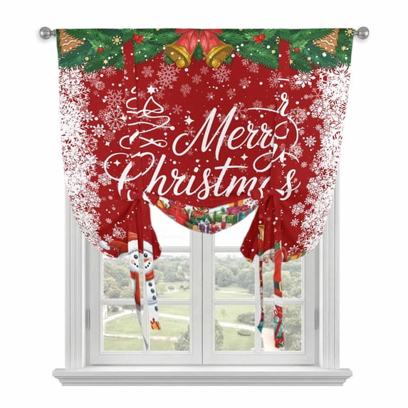 Red Christmas Tie Up Curtains for Windows, Adjustable Balloon Window Shades, Xmas Snowman Santa Elk Winter Snowflake Kitchen Window Treatments Farmhouse Short Curtains with Rod Pocket 42"x45"