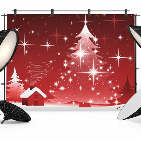 Red Christmas Tree Backdrop for Photography,Fabric Photo Background Backdrop,Xmas Winter Sparkle Star House Photo Booth Background for Portrait Photoshoot Video Wedding Studio Decoration Banner 7x5ft