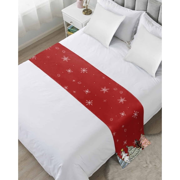 Red Christmas Tree Bed Runner for Twin Size Bed, Xmas Tree Cute Snowflake Bedspread Protector Slipcover Bed Scarf for Foot Bed Runners & Scarves for Bedroom Hotel Wedding Room 71x20 Inches