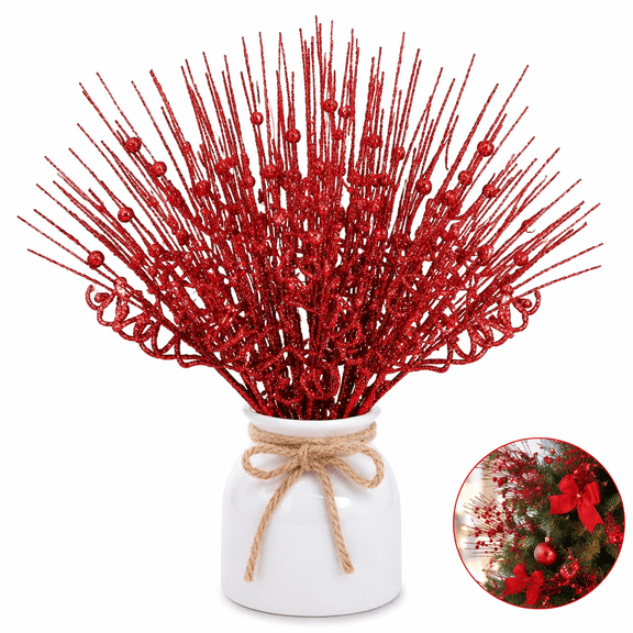 Artrylin 16 Pcs Red Christmas Tree Berry Picks , 13.78" Artificial Curly Berry Stems, Branch Ornaments, DIY Wreath Garland Supplies, Sparkling Vase Filler for Holiday Home Wedding Party Decor