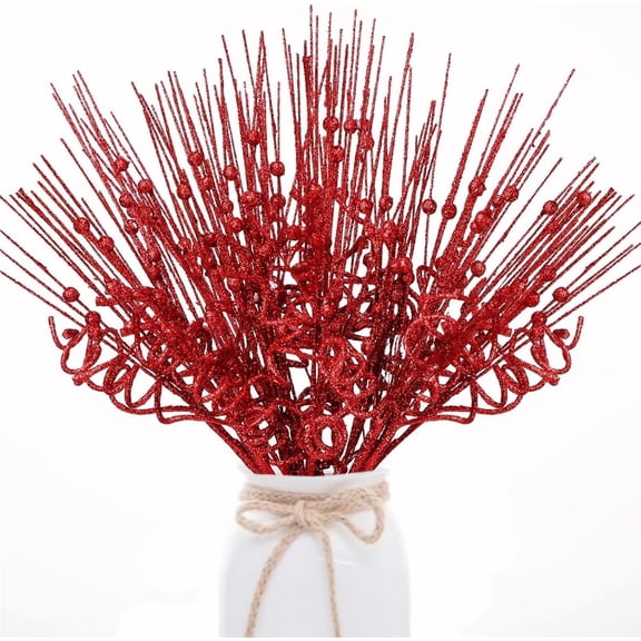 Red Christmas Tree Berry Picks 16 Pcs,Artificial Curly Picks Decorations,Christmas Tree Branch Ornaments,13.78 Inches Length Stems for Wreath DIY,Sparkling Vase Filler for Home Decoration