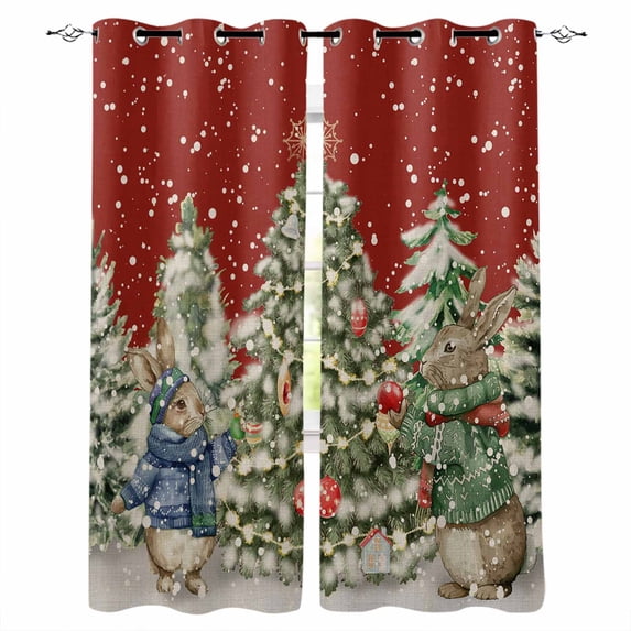 Red Christmas Tree Blackout Curtains for Bedroom/Living Room, Thermal Insulated Kitchen Curtains, Xmas Tree Snowflake Bunny Grommet Darkening Window Treatment Drapes 42"x63"x2