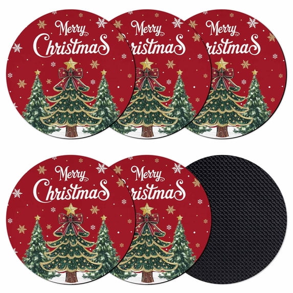 Red Christmas Tree Coasters Set of 6, Absorbent Coasters for Drinks, Xmas Trees Snowflake Winter Holiday Coaster for Desk Coffee Table Protection, Home Decor House Warming Gifts 4"