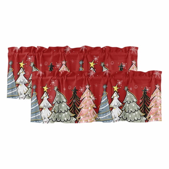 Red Christmas Tree Curtain Valances for Windows, Kitchen Valance Window Treatments Panel 2 Pack, Xmas Tree Cute Snowflake Rod Pocket Short Curtains for Bathroom Bedroom 60 x 18 Inch