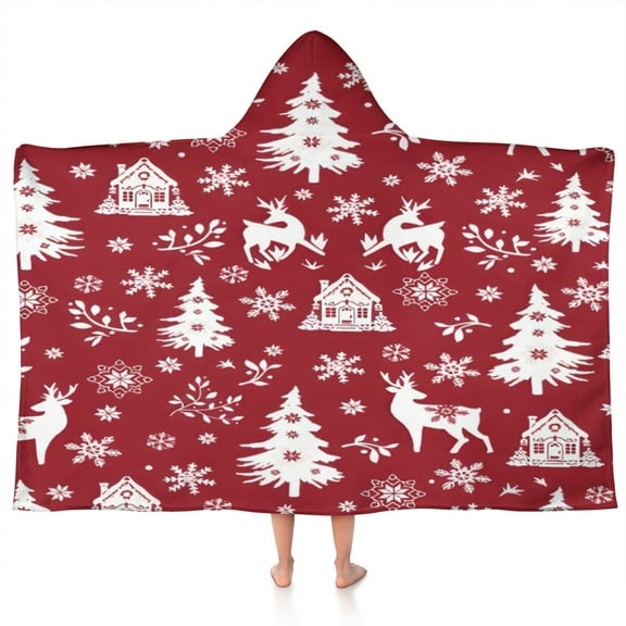 Red Christmas Tree and Deer Pattern Hooded Bath Towel，50"x30" for Ages 3 To 12 Kids, Quick Dry Lightweight Soft Microfiber Hood Beach Towel Cover Up for Kids