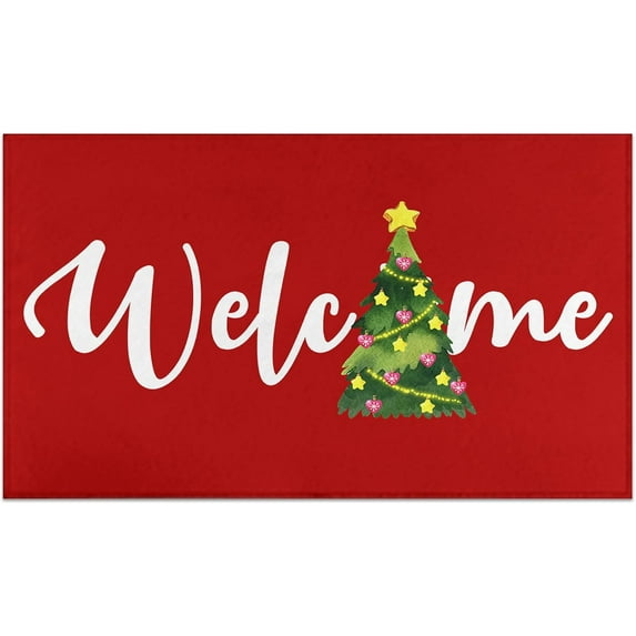 Red Christmas Tree Door Mat Merry Christmas Welcome Doormat Front Outdoor Mat Non-Slip Washable Decorative Winter Xmas Doormats Entrance Rug for Indoor Outdoor Home Decorations (Red 2, 17"x30")