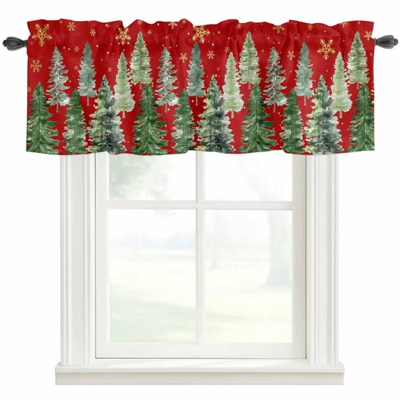 Red Christmas Tree Farmhouse Short Window Curtain Valances, Winter Watercolor Gold Snowflakes Rod Pocket Kitchen Valances for Living Room Bedroom Bathroom Cafe 42" x 18"