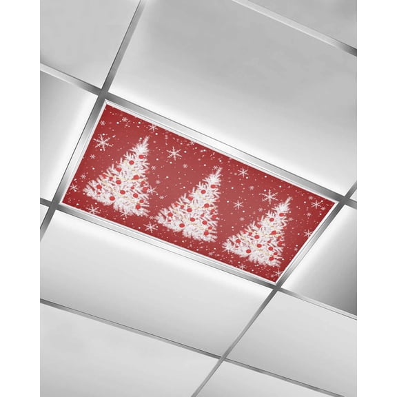 Red Christmas Tree Fluorescent Light Covers for Ceiling Lights 4x2 feet,1 Pack Magnetic Light Filters for Classroom,Winter Balls Snowflake Xmas Tree Fluorescent Light Shade Panel for Office School