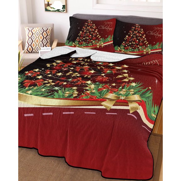 Red Christmas Tree Full Size Down Alternative Comforter, Lightweight Comforter Quilt Bedding Set with Pillow Shams Xmas Bows Pine Branches Lamps New Year Bed Comforter Duvet Insert 78"x90"