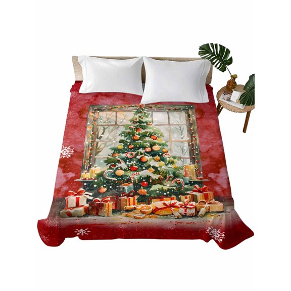Red Christmas Tree Full Size Flat Sheet Only, Hotel Luxury Microfiber Bed Top Sheets, Watercolor Xmas Snowflake Soft Breathable Bedding Sheet for Bedroom, Easy Care - 81" x 96"
