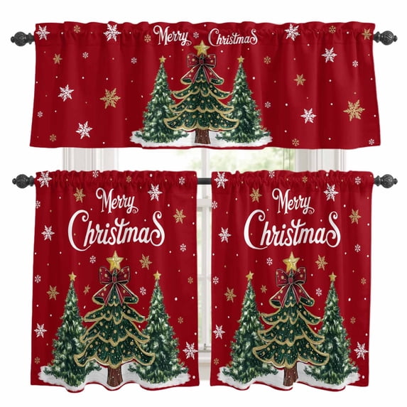 Red Christmas Tree Kitchen Curtains Sets for Windows 36 Inch Length, Xmas Trees Snowflake Winter Holiday Rod Pocket Window Treatments Tier Curtains and Valances Set for Bedroom/Bathroom