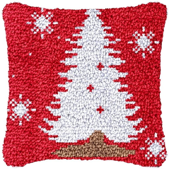 Red Christmas Tree Latch Hook Pillowcase Kits for Adults and Starter DIY Cushion Cross Stitch Latch Hook Rug Kits with Preprinted Canvas Crochet Yarn Kits Needlework Crafts 17'' X 17''