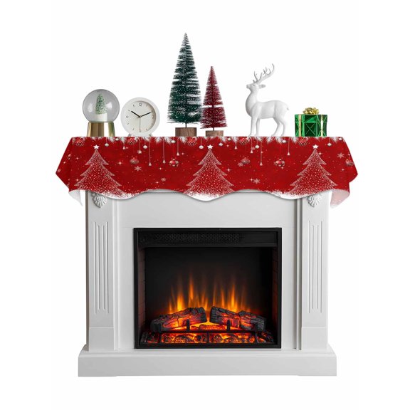 Red Christmas Tree Mantel Scarf Fireplace Decorations for Living Room, Xmas Balls Pine Needles Snowflake Fireplace Mantel Scarf Cover Runner for Halloween/Thanksgiving/Christmas Decor 60"x17"