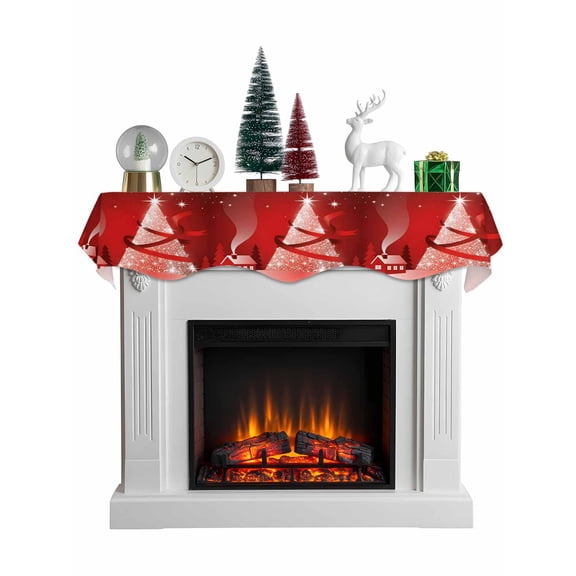 Red Christmas Tree Mantel Scarf Fireplace Decorations for Living Room, Xmas Trees Ribbon Cottage Star Winter Fireplace Mantel Scarf Cover Runner for Halloween/Thanksgiving/Christmas Decor 60"x17"