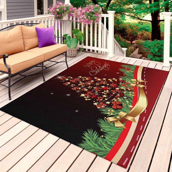 Red Christmas Tree Outdoor Rug 3x5 Ft, Non Slip Washable Area Rug, Xmas Bows Pine Branches Lamps New Year Patio Rugs Carpet Runner, Large Floor Mat for Indoor/Outdoor Deck Porch Camping