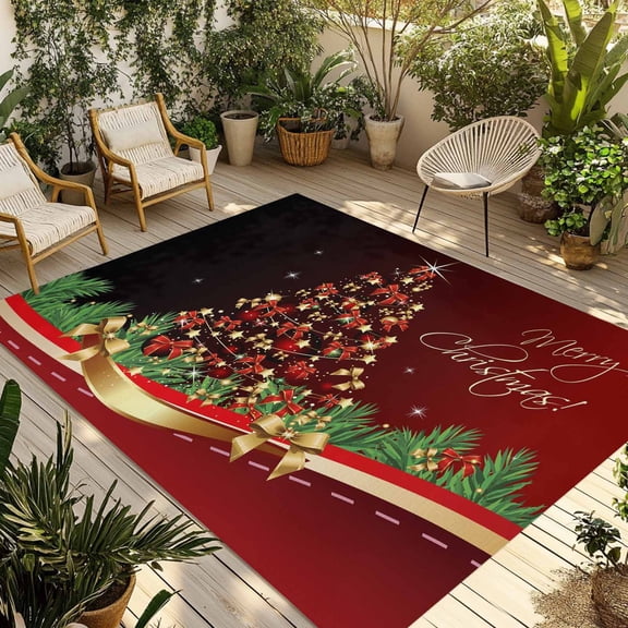 Red Christmas Tree Outdoor Rug 5x7 Ft - Reversible Patio Rug Outdoor Camping Rugs, Xmas Bows Pine Branches Lamps New Year Indoor Outdoor Area Rugs, Non-Slip Outdoor Carpet Runner for Deck/Porch