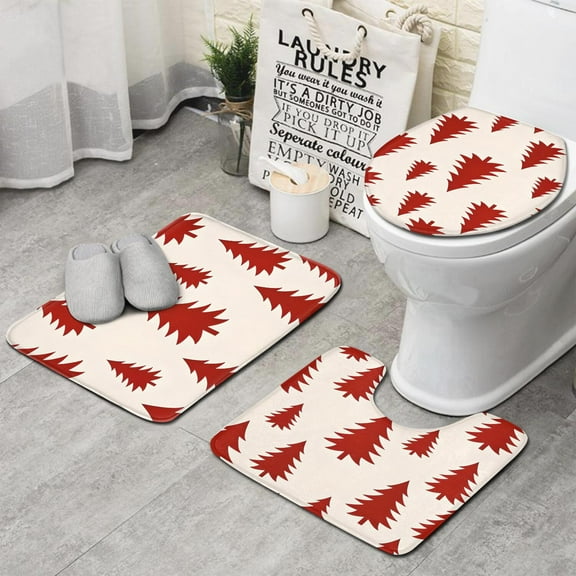 Red Christmas Tree Pattern Bathroom Rugs Sets 3 Piece,Toilet Cover Set,Absorbent Non Slip Bathroom Mats Sets with U-Shaped Contour Rug Toilet Rug Set