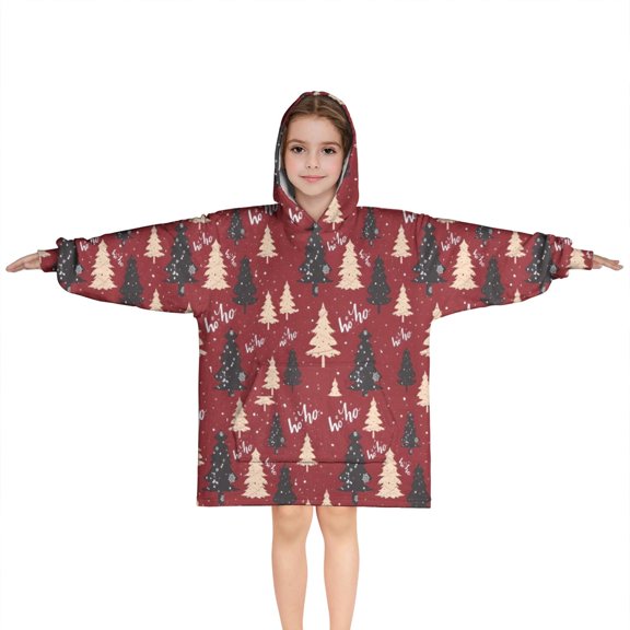 Red Christmas Tree Pattern Blanket Hoodies for Kids 6-13YR Oversize Wearable Blanket Hoodies for Boys Girls Teens