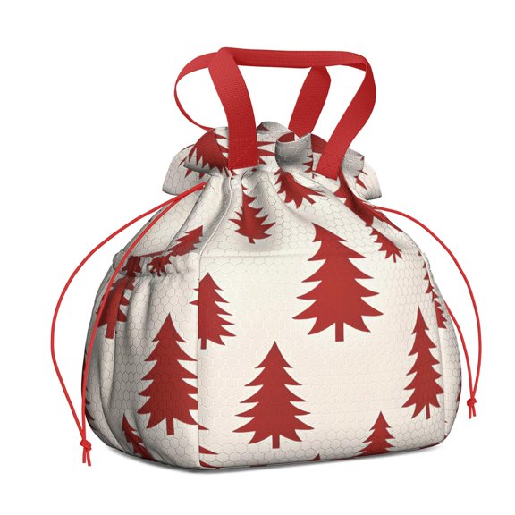 Red Christmas Tree Pattern Drawstring Lunch Bag Women - Drawstring Lunch Bag Insulated for Work Office - Stain-Resistant Large Lunchbags for Women with Multi-Pockets