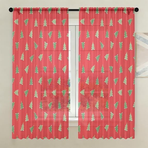 Reg Pock Red Christmas Tree Pattern Sheer Curtains, Sheer Curtain Panels with ...