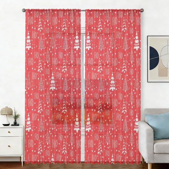 Yule Pattern Red Christmas Tree Pattern Sheer Curtains, Sheer Curtain Panels with ...