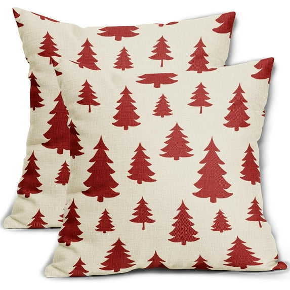 Red Christmas Tree Pillow Covers 16x16 Set of 2 Rustic Xmas Print Decorative Outdoor Pillowcases Vintage Winter Holiday Decoration Gift Farmhouse Throw Cushion Case Decor for Couch Sofa Bed