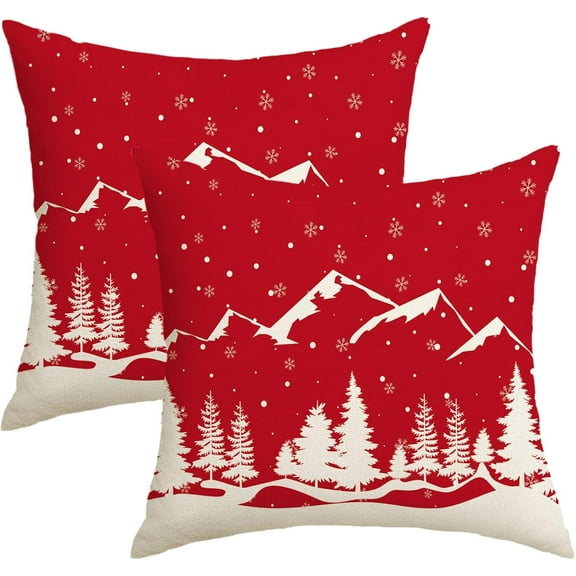 Red Christmas Tree Pillow Covers 18x18 Set Of 2 Xmas Winter Trees Mountains Snowflake Throw Pillows Cover Outdoor Rustic Decorative Pillow Case Farmhouse Linen Cushion Cover for Couch Bed Sofa Decor