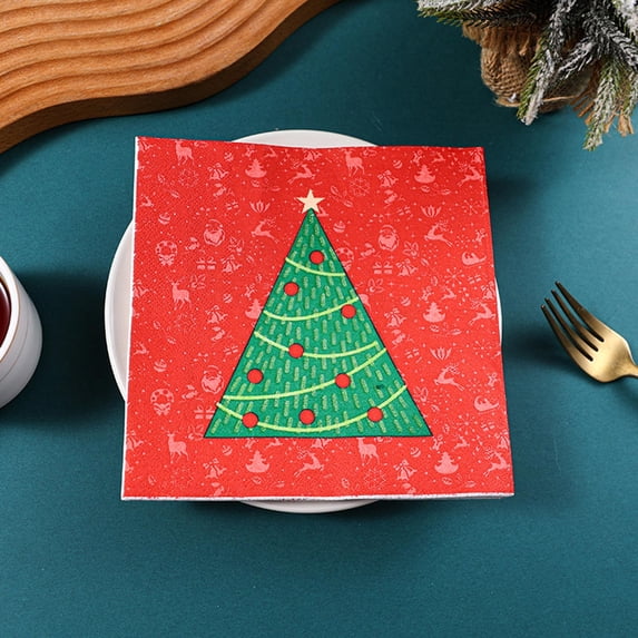 Red Christmas Tree Printed Disposable Paper Napkins, 20 Pack Holiday Party Table Decoration, Festive Print, Red, 20 Count