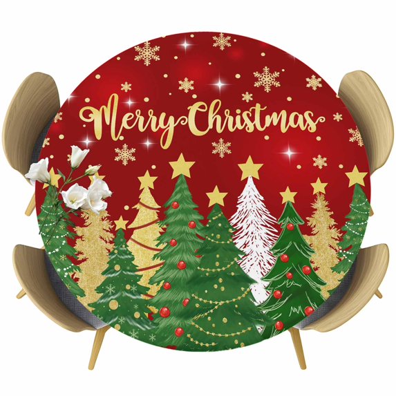 Red Christmas Tree Round Tablecloth, Fitted Table Cover with Elastic for 36"-44" Round Tables, Green Xmas Tree Snowflake Stars Winter Table Cloth Outdoor Indoor Dinning Party Waterproof Tablecloths