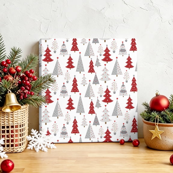 Red Christmas Tree Seamless Canvas Artwork Painting Art, Xmas Pine Tree Cartoon Style Square Framed Wall Decorations Prints Picture for Bedroom Kitchen Living Room, 8x8 in