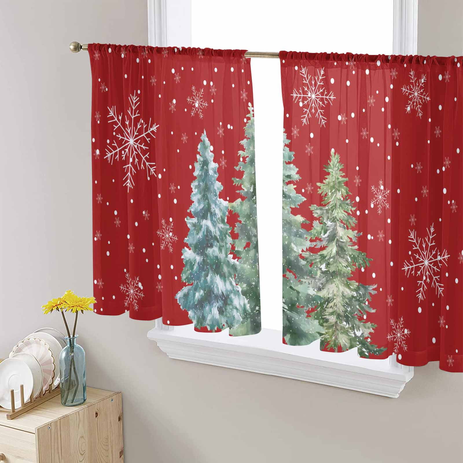 Red Christmas Tree Sheer Curtains 45 Inch Length 2 Panels Set, Semi ...