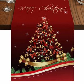 Red Christmas Tree Short Table Runner 36 Inches Long,Xmas Bows Pine Branches Lamps New Year Cotton Linen Table Runners Dresser Scarves,Fabric Tabletop Scarf Furniture Cover for Dinner Party 13"x36"