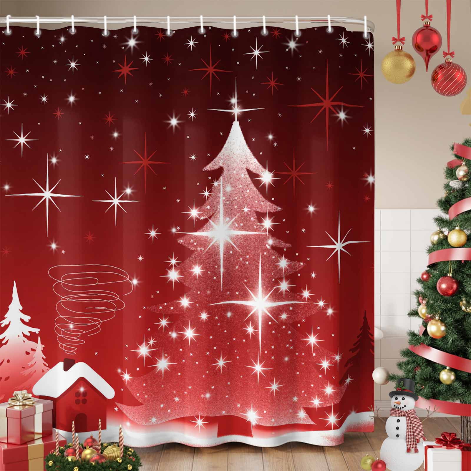 Red Christmas Tree Shower Curtain, Xmas Winter Sparkle Star House