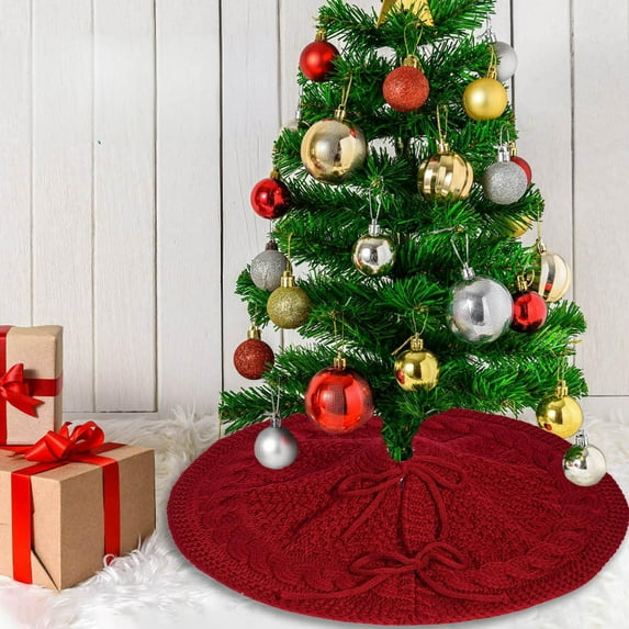 Red Christmas Tree Skirt | 18-Inch Knitted Cable Design | Soft Cloth Material | Protects Floors from Needles | Perfect for Small Trees & Holiday Decor