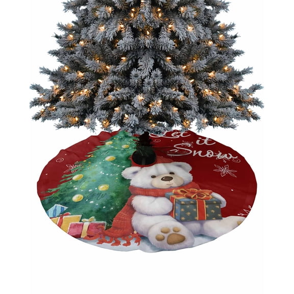Red Christmas Christmas Tree Skirt 48 Inches Large Christmas Skirt Tree, Xmas Tree Bear Snowflake Watercolor Tree Skirt Christmas Decorations for Fireplace Party Holidays Indoor Outdoor