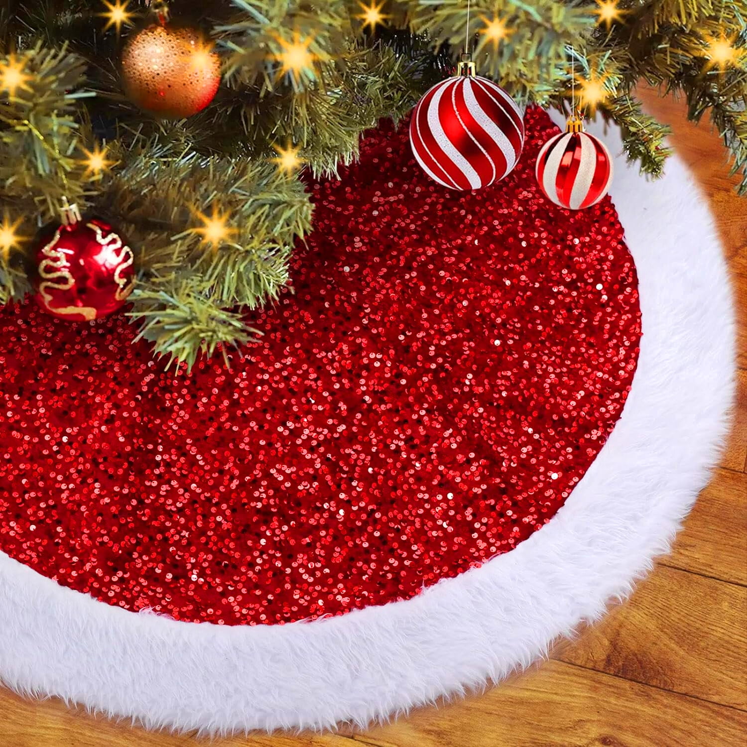 Red Christmas Tree Skirt with Sequin Faux Fur, 36 48 Inch Small Tree