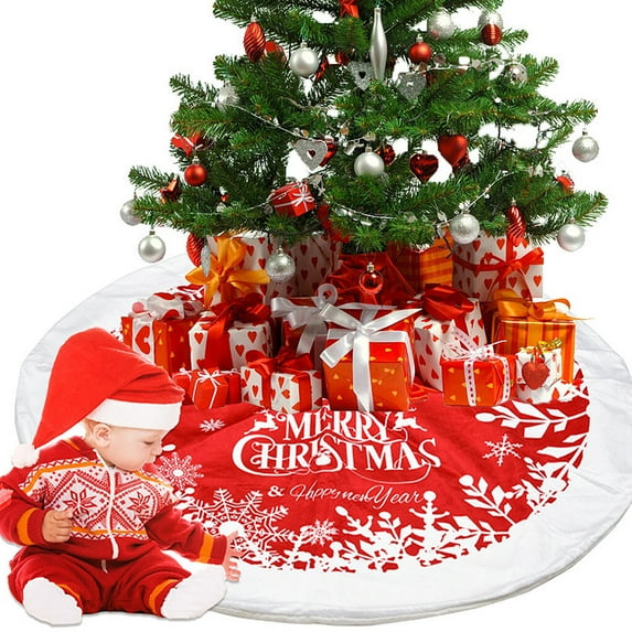 Red Christmas Tree Skirt with Snowflake & Reindeer, Rustic Double-Sided Xmas Tree Skirt Christmas Decorations for Holiday Party Decor Indoor Outdoor