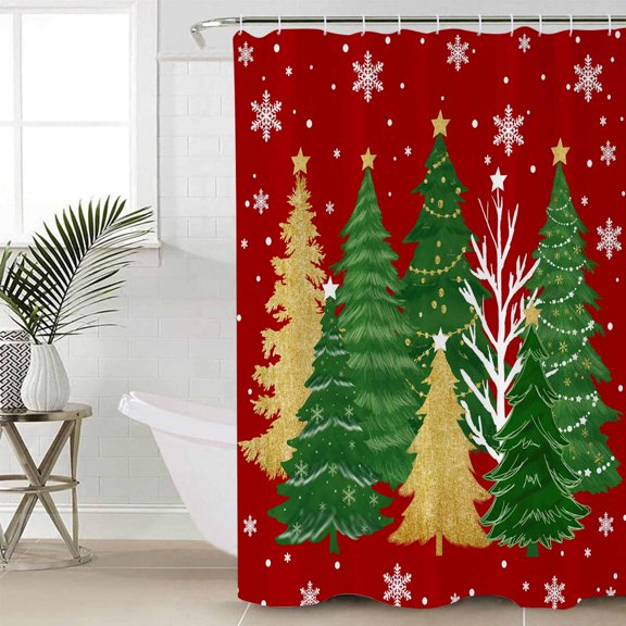 Red Christmas Tree Small Stall Shower Curtain, Waterproof Shower Curtains for Bathroom, Green Golden Xmas Tree Snowflake Winter Washable Fabric Cloth Bath Curtain for Bathtub with Hooks 36x78 Inches