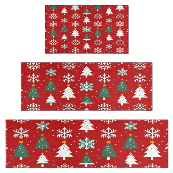 Red Christmas Tree and Snowflake Pattern Kitchen Rugs Sets Of 3,Kitchen Runner Rugs Non Skid Washable,Decorative Kitchen Floor Mats for Kitchen,Sink,Laundry,17"x30"+ 17"x47" + 17"x59"