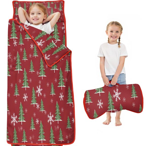 Red Christmas Tree and Snowflake Pattern Toddler Nap Mats for Kids Preschool,59"x22" Sleeping Mat Bag or Kids,Toddler Sleeping Bag,Toddler Nap Mat or Daycare