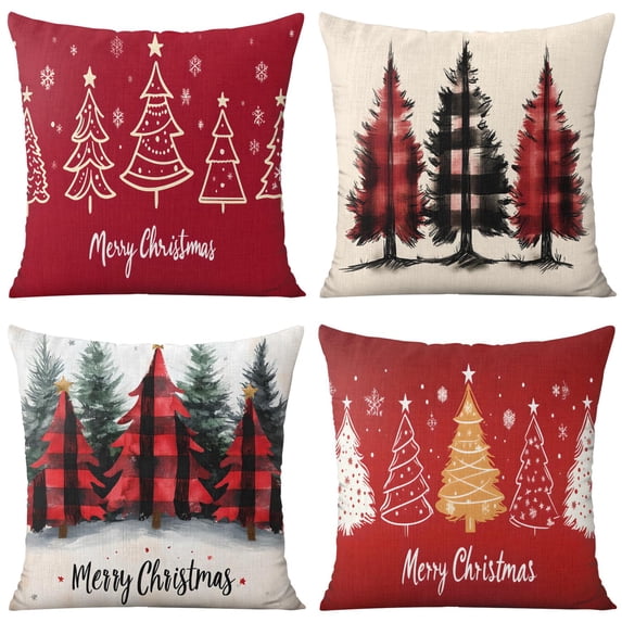 Red Christmas Tree Snowflake Throw Pillows Cover Square Throw Pillow Case Set of 4 Vintage Pillowcase for Indoor Home Bedroom