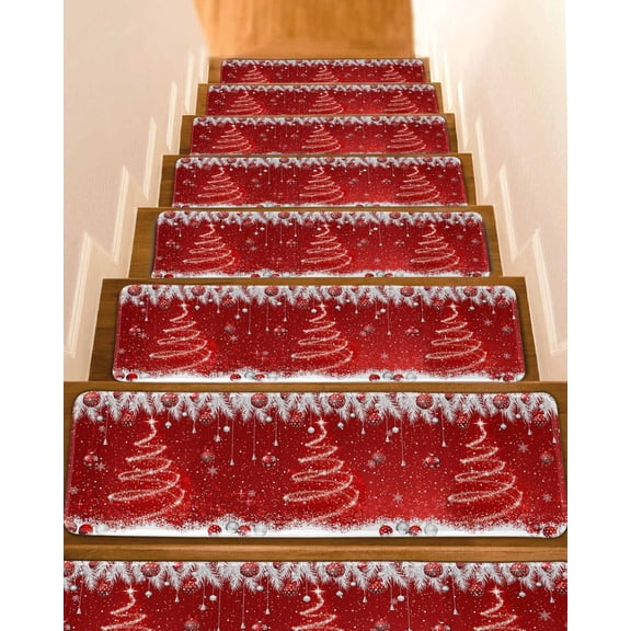 Red Christmas Tree Stair Treads for Wooden Steps Indoor Runner Rug Carpet, Xmas Balls Snowflake Pine Needles 4 Pieces Peel and Stick Staircase Step Treads Covers Washable Throw Door Mats, 30"x8"