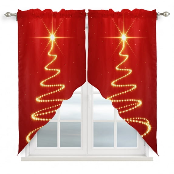 Red Christmas Tree Swag Curtain Valances, Golden Lights Xmas Tree Kitchen Valance for Window, Rod Pocket Topper Drapes for Bathroom Bedroom Living Room 2 Panels Window Treatment 36"x63"