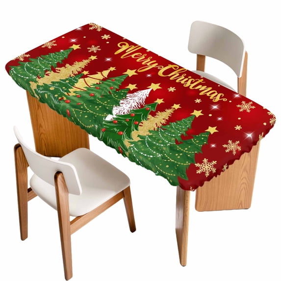 Red Christmas Tree Table Cloths for 3 Foot Rectangle Tables, Green Xmas Tree Snowflake Stars Winter Patio Waterproof Elastic Fitted Tablecloths, Washable Rectangular Table Cover for Camping