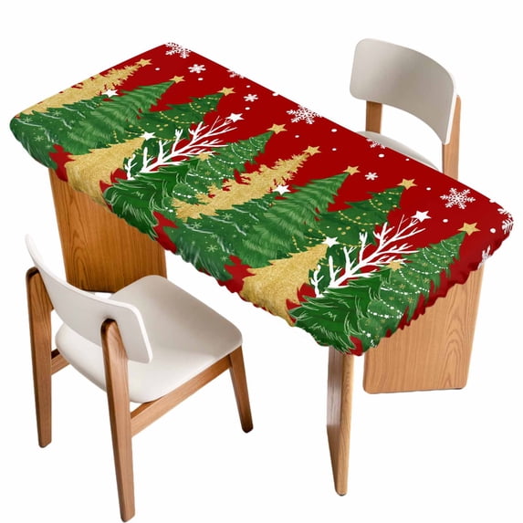Red Christmas Tree Table Cloths for 6 Foot Rectangle Tables, Green Golden Xmas Tree Snowflake Winter Patio Waterproof Elastic Fitted Tablecloths, Washable Rectangular Table Cover for Camping