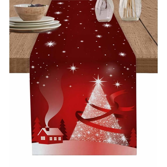 Red Christmas Tree Table Runner 36 Inches, Xmas Trees Ribbon Cottage Star Winter Bed Runner Dresser Scarves Tabletop for Indoor Outdoor Parties/Ceremony/Banquet, 13"x 36"