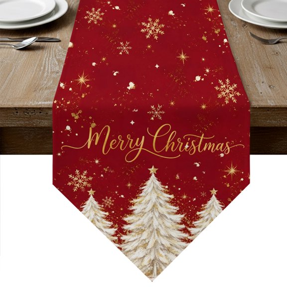 Red Christmas Tree Table Runner Linen Burlap Table Runner 36 Inches Small Xmas Trees Golden Snowflake Winter Dresser Scarves for Kitchen Island Coffee Dining Room Party Wedding Holiday Decor 13"x36"