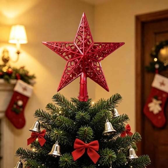 Red Christmas Tree Topper Star, 8-Inch Electroplated Openwork Five-Pointed Star, Hollow Carved Plastic Tree Top Ornament for Xmas Holiday Decor