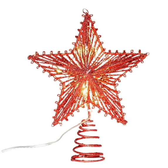 Red Christmas Tree Topper Star With Lights, Iron Five-Point Design Battery Operated, Gold